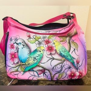 Anuschka Hand Painted Parakeet Shoulder Bag